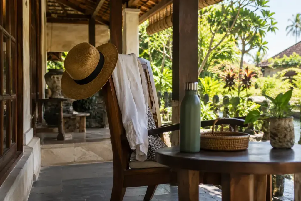 Botol air minum, topi dan pakaian ringan di beranda rumah yang teduh.