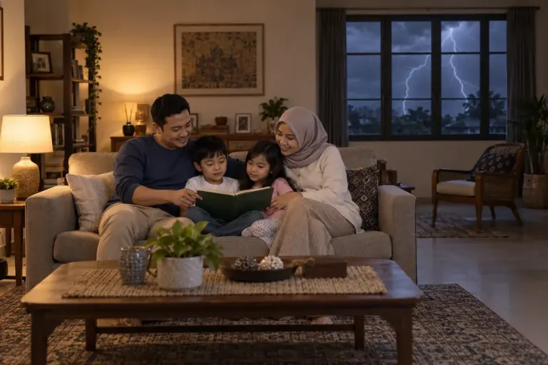 Keluarga duduk di tengah ruang keluarga, jauh dari jendela tertutup saat badai.
