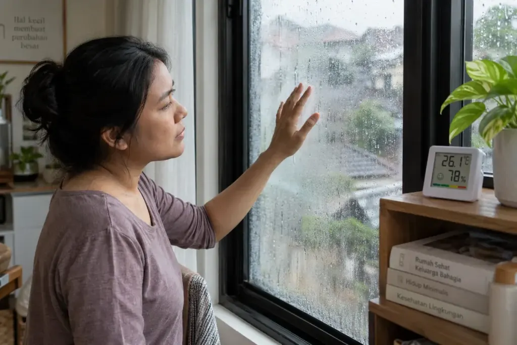 Seseorang memeriksa embun di jendela rumah saat hujan, dengan pengukur kelembapan di dekatnya.
